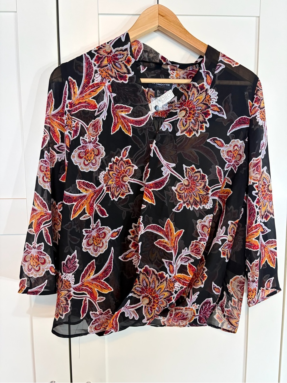 Liz Claiborne Black Sheer Floral Blouse with Red and Orange Motifs W